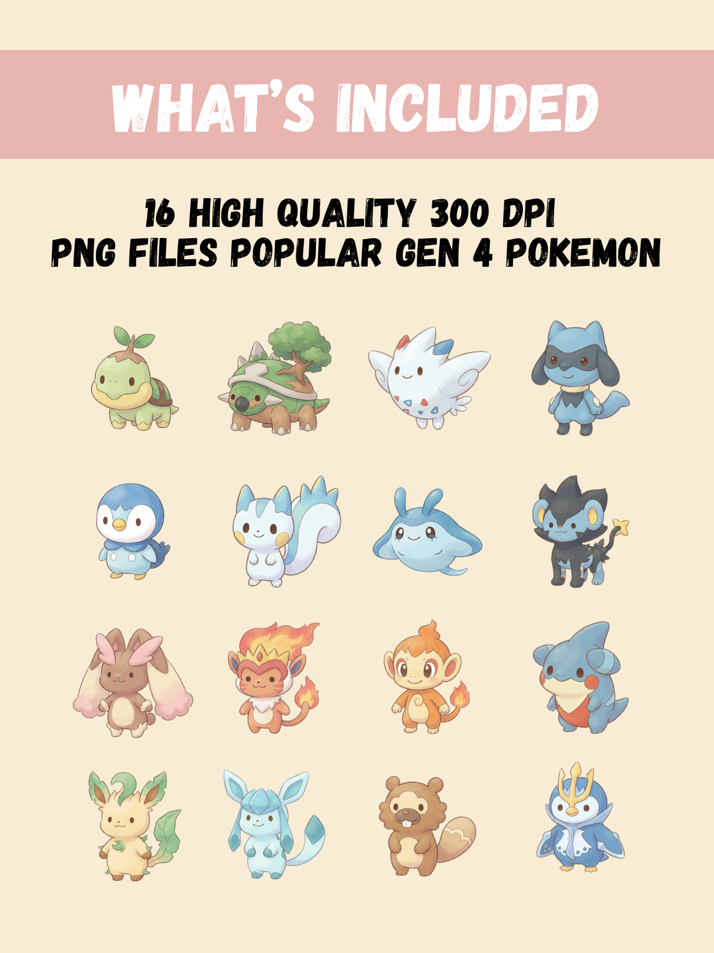 Popular Gen 4 Pokémon PNG Pack, 16 Fan Favorite Sinnoh Pokémon, Chibi Cute Kawaii Clipart, Anime PNG, Digital Download