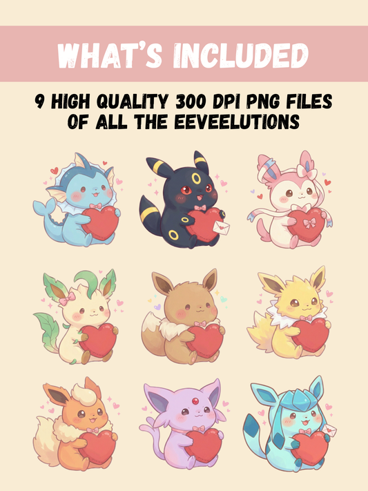 Eeveelutions Love PNG Pack, 9 Eevee Evolutions, Chibi Cute Kawaii Clipart, Valentine Hearts, Anime PNG, Digital Download