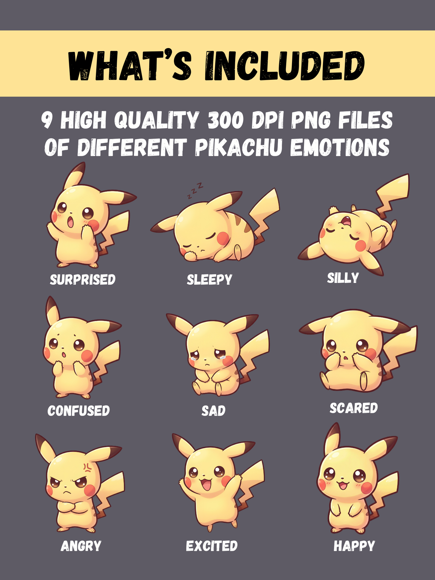 Pikachu Chibi Emotion Pokemon PNG Bundle, 9 Cute Pikachu Expressions, Kawaii Pokémon Clipart, Digital Download