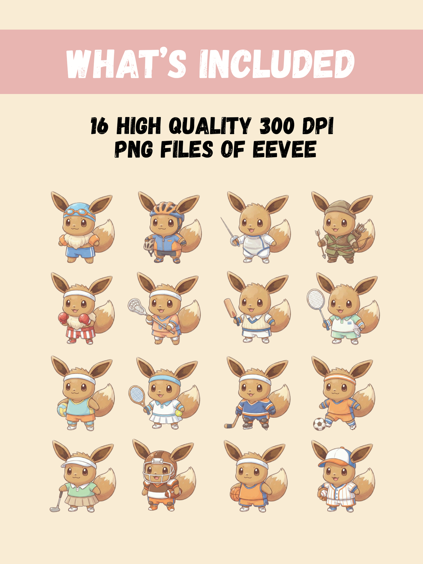 Eevee Playing Sports PNG Pack, 16 Eevee Sports, Chibi Cute Kawaii Clipart, Athlete Outfits, Anime PNG, Digital Download