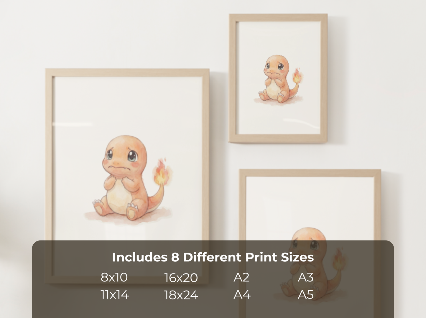 Pokemon Charmander Scared Nursery Wall Art Printable, Cute Kids Room Decor, Watercolor Pokemon Poster, Instant Download Digital Print