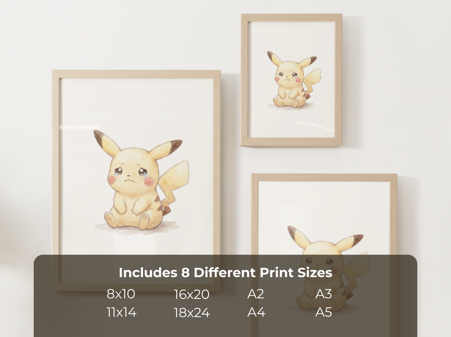 Pokemon Pikachu Sad Nursery Wall Art Printable, Cute Kids Room Decor, Watercolor Pokemon Poster, Instant Download Digital Print