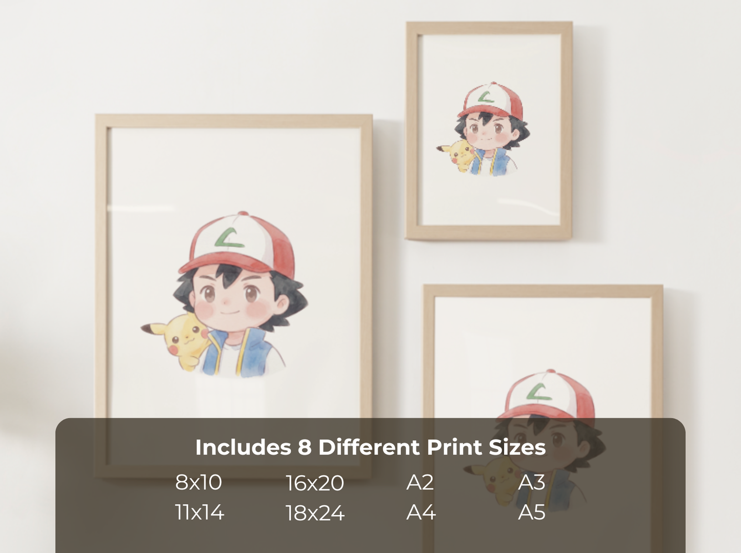 Ash and Pikachu Duo Nursery Wall Art Printable, Cute Kids Room Decor, Watercolor Trainer Pokemon Poster, Instant Download Digital Print