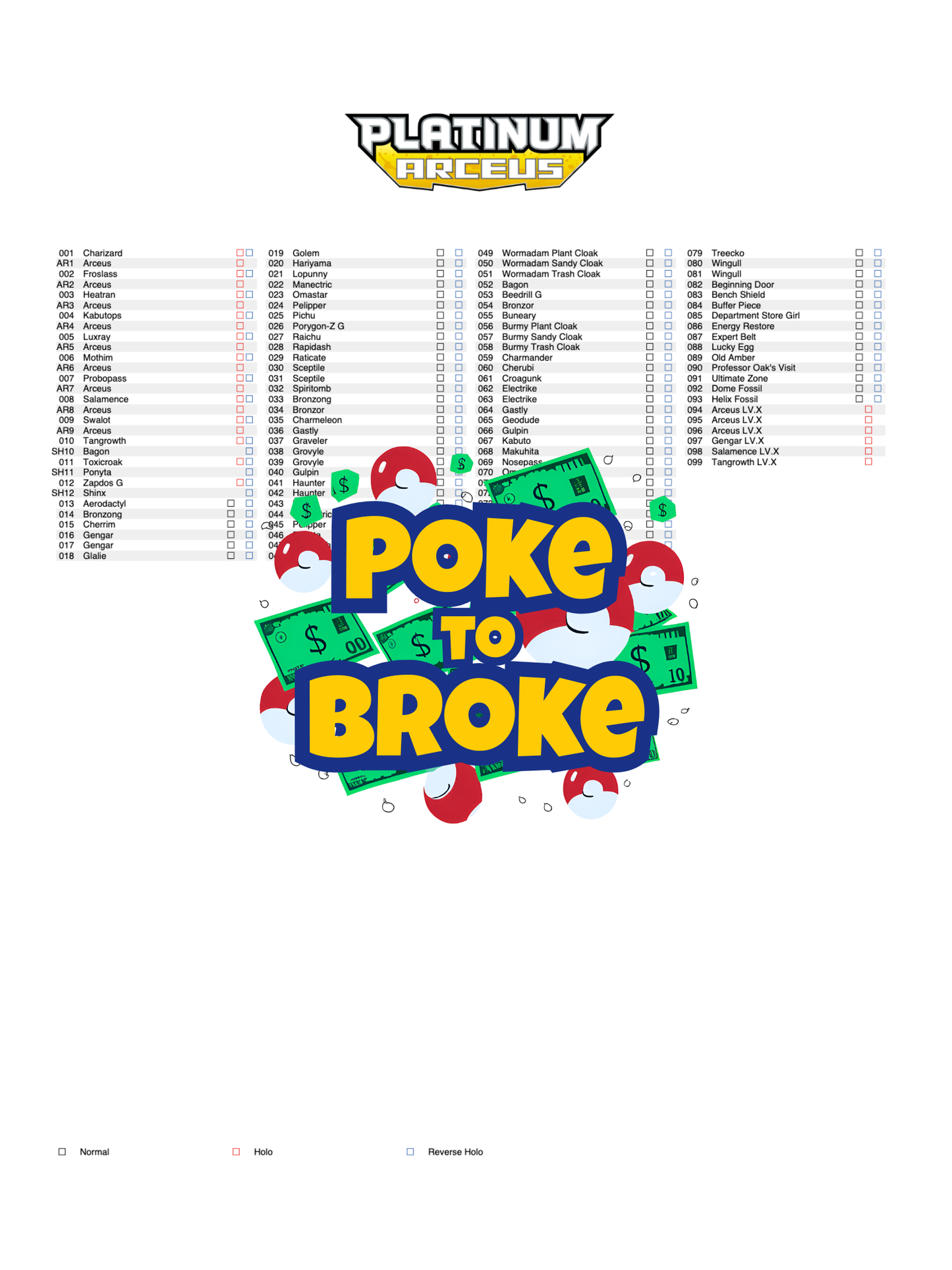 Platinum: Arceus Printable Master Set Binder Placeholders + Checklist (Digital Download)