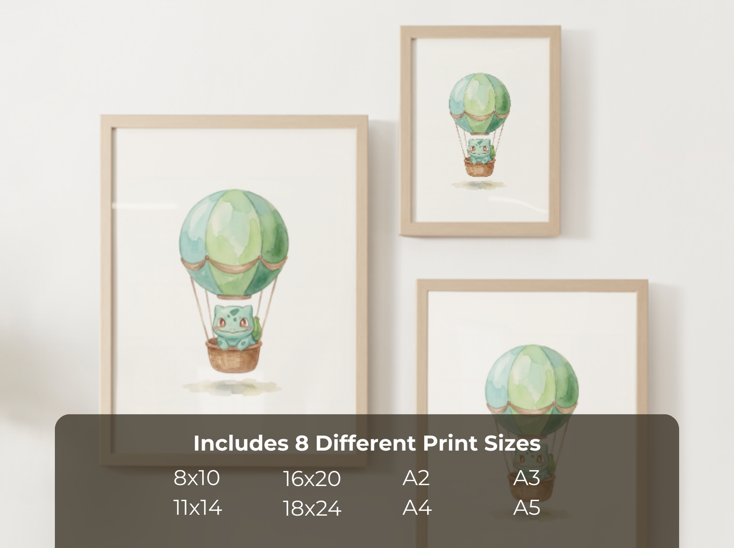 Bulbasaur Hot Air Balloon Wall Art, Dreamy Adventure Nursery Poster, Kids Room Decor, Printable Digital Download