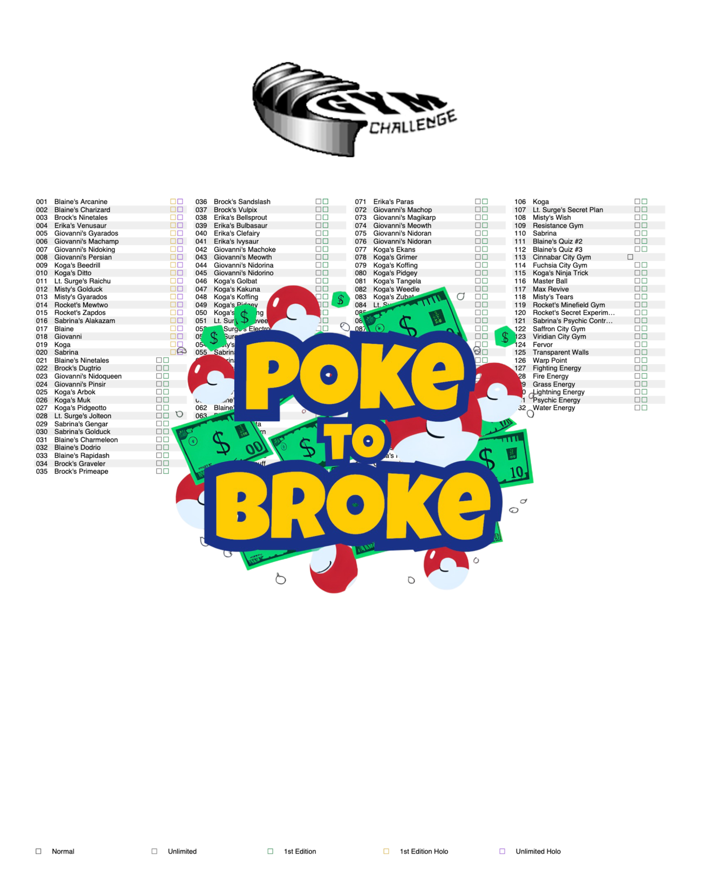 Gym: Challenge Printable Master and Complete Set Binder Placeholders + Checklist (Digital Download)