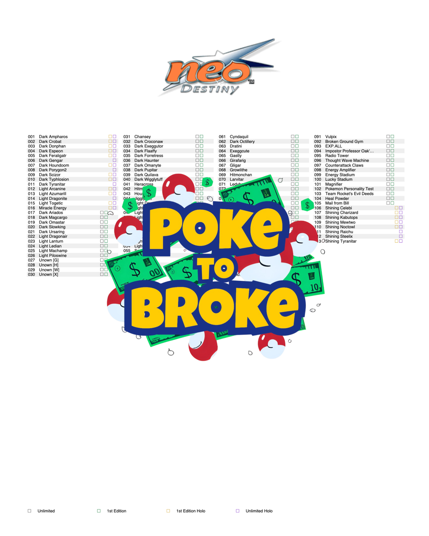 Neo: Destiny Printable Master and Complete Set Binder Placeholders + Checklist (Digital Download)