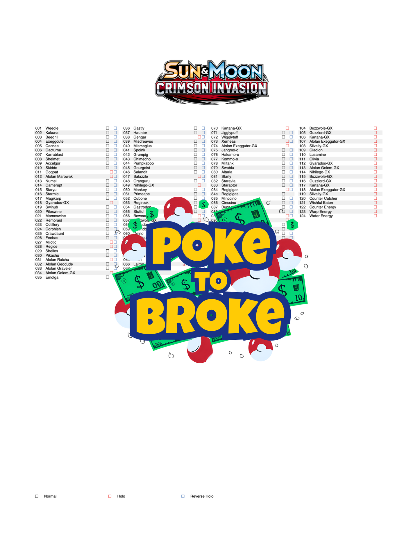 Sun & Moon: Crimson Invasion Printable Master Set Binder Placeholders + Checklist (Digital Download)