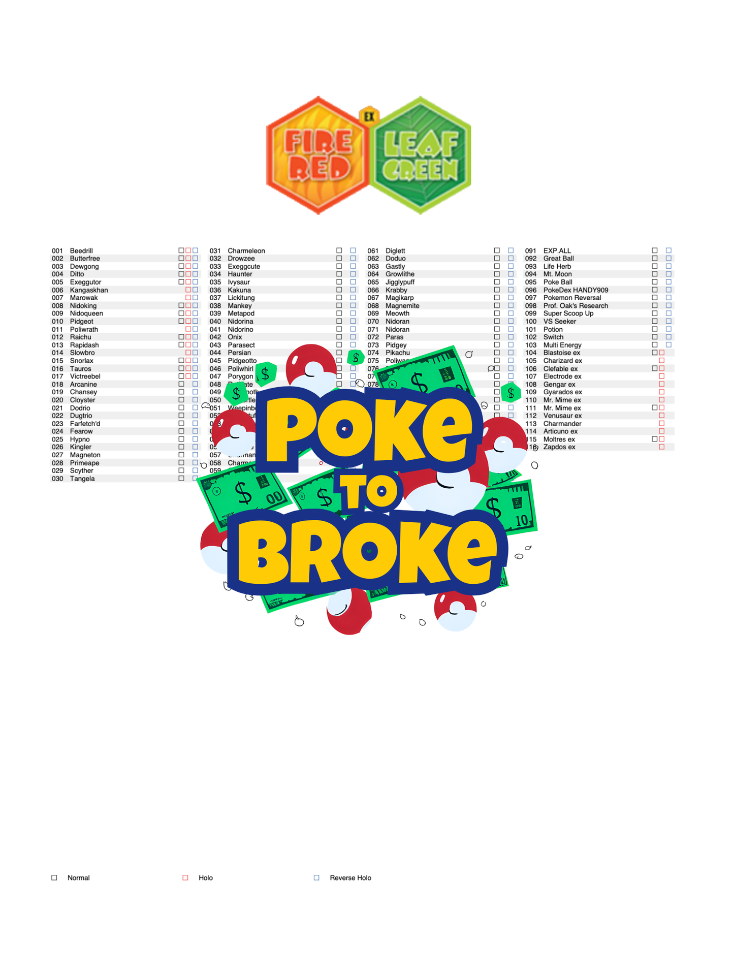 EX: FireRed & LeafGreen Printable Master and Complete Set Binder Placeholders + Checklist (Digital Download)