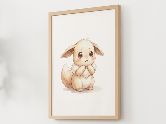 Pokemon Eevee Scared Nursery Wall Art Printable, Cute Kids Room Decor, Watercolor Pokemon Poster, Instant Download Digital Print
