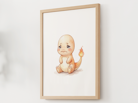 Pokemon Charmander Sad Nursery Wall Art Printable, Cute Kids Room Decor, Watercolor Pokemon Poster, Instant Download Digital Print