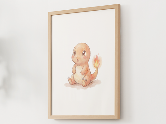 Pokemon Charmander Surprised Nursery Wall Art Printable, Cute Kids Room Decor, Watercolor Pokemon Poster, Instant Download Digital Print
