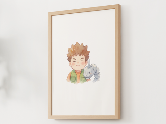 Brock and Onix Duo Nursery Wall Art Printable, Cute Kids Room Decor, Watercolor Trainer Pokemon Poster, Instant Download Digital Print