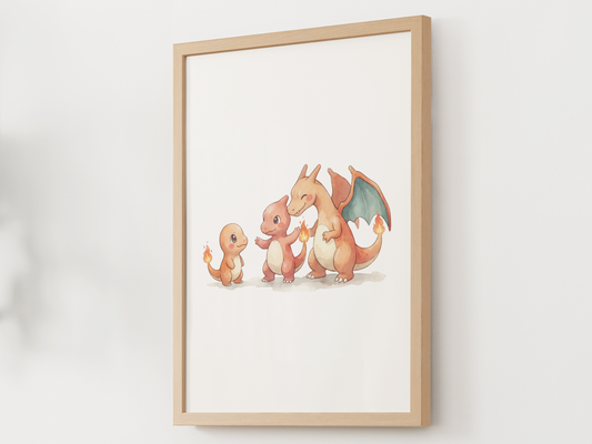 Charmander Evolution Nursery Wall Art Printable, Charmeleon Charizard Watercolor Pokemon Poster, Instant Download