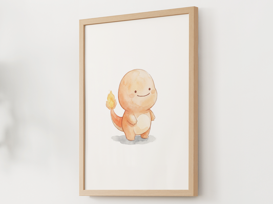 Ditto Style Charmander Nursery Wall Art Printable, Cute Kids Room Decor, Watercolor Pokemon Poster, Instant Download