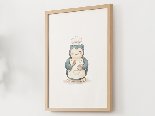 Snorlax Chef Nursery Wall Art Printable, Cute Kids Room Decor, Neutral Pokémon Poster, Instant Download Digital Print