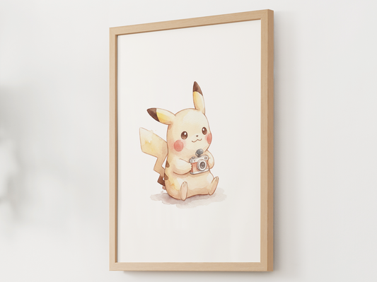 Pikachu Photographer Nursery Wall Art Printable, Cute Kids Room Decor, Neutral Pokémon Poster, Instant Download Digital Print