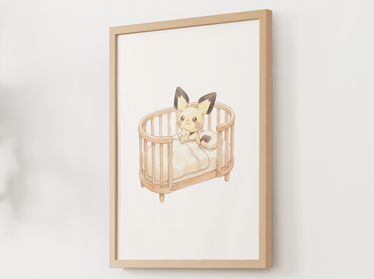 Pichu Nursery Wall Art Printable, Baby Pokemon in Crib Poster, Cute Kids Room Decor, Yellow Nursery Print, Instant Download