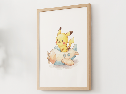 Pikachu Airplane Wall Art, Minimal Sky Theme Nursery Poster, Kids Bedroom Decor, Printable Digital Download