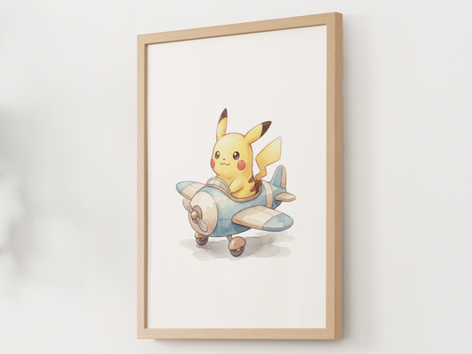 Pikachu Airplane Nursery Wall Art, Cute Pilot Theme Kids Poster, Printable Digital Download