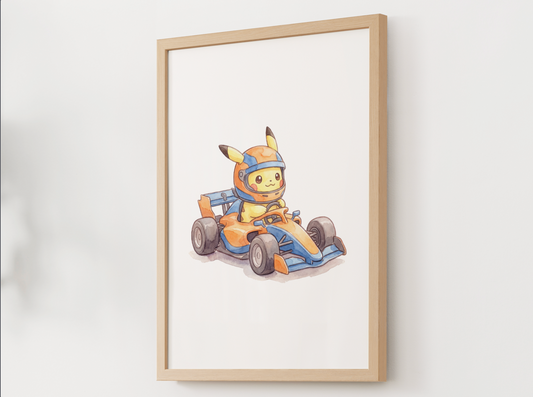 Pikachu Race Car Wall Art, Printable Poster, Formula Style Racing Theme, Kids Room Decor, Digital Download