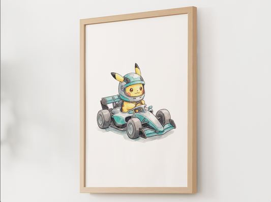 Pikachu Race Car Wall Art, Printable Poster, Formula Style Racing Theme, Kids Room Decor, Digital Download