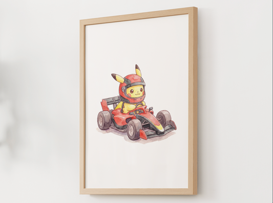 Pikachu Race Car Wall Art, Printable Poster, Formula Style Racing Theme, Kids Room Decor, Digital Download