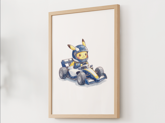 Pikachu Race Car Wall Art, Printable Poster, Formula Style Racing Theme, Kids Room Decor, Digital Download