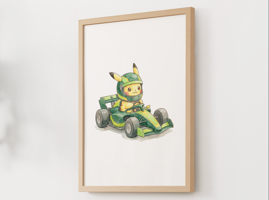 Pikachu Race Car Wall Art, Printable Poster, Formula Style Racing Theme, Kids Room Decor, Digital Download