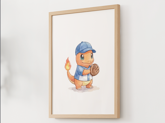 Charmander Baseball Wall Art, Cute Ballpark Nursery Poster, Kids Room Decor, Printable Digital Download
