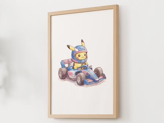 Pikachu Race Car Wall Art, Printable Poster, Formula Style Racing Theme, Kids Room Decor, Digital Download