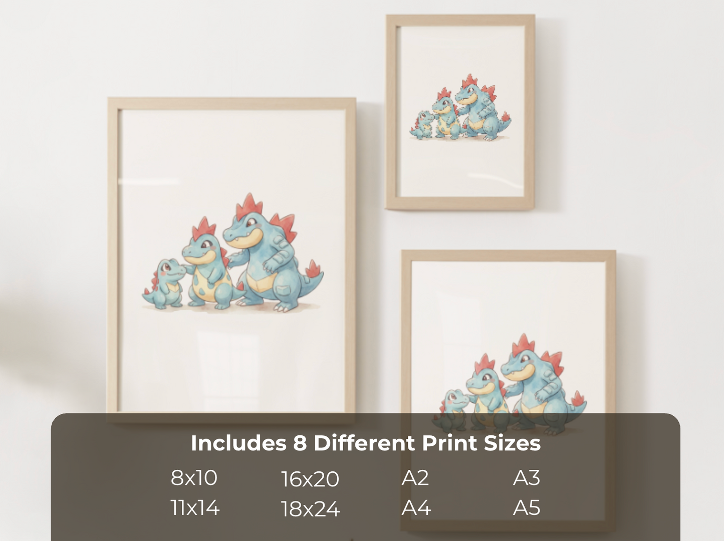 Totodile Evolution Line Wall Art Printable, Croconaw Feraligatr Poster, Pokémon Nursery Decor, Digital Download
