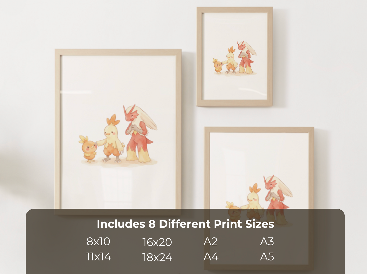 Torchic Evolution Line Wall Art Printable, Combusken Blaziken Poster, Pokémon Nursery Decor, Digital Download
