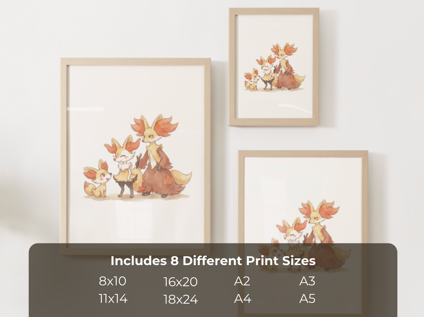 Fennekin Evolution Line Wall Art Printable, Braixen Delphox Poster, Pokémon Nursery Decor, Digital Download
