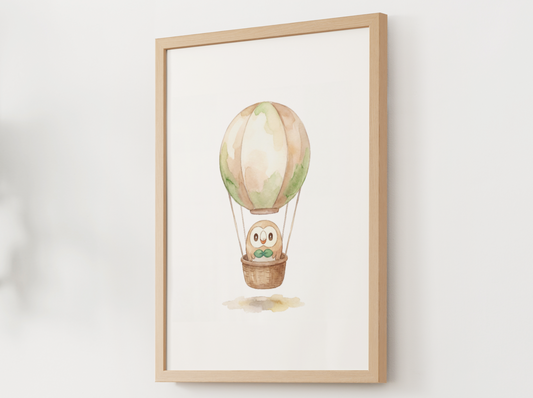 Rowlet Hot Air Balloon Wall Art, Dreamy Adventure Nursery Poster, Kids Room Decor, Printable Digital Download