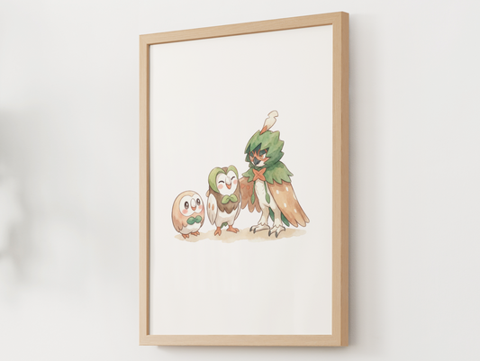 Rowlet Evolution Line Wall Art Printable, Dartrix Decidueye Poster, Pokémon Nursery Decor, Digital Download
