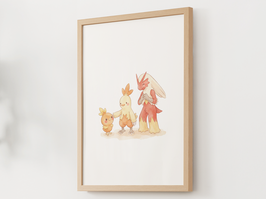 Torchic Evolution Line Wall Art Printable, Combusken Blaziken Poster, Pokémon Nursery Decor, Digital Download