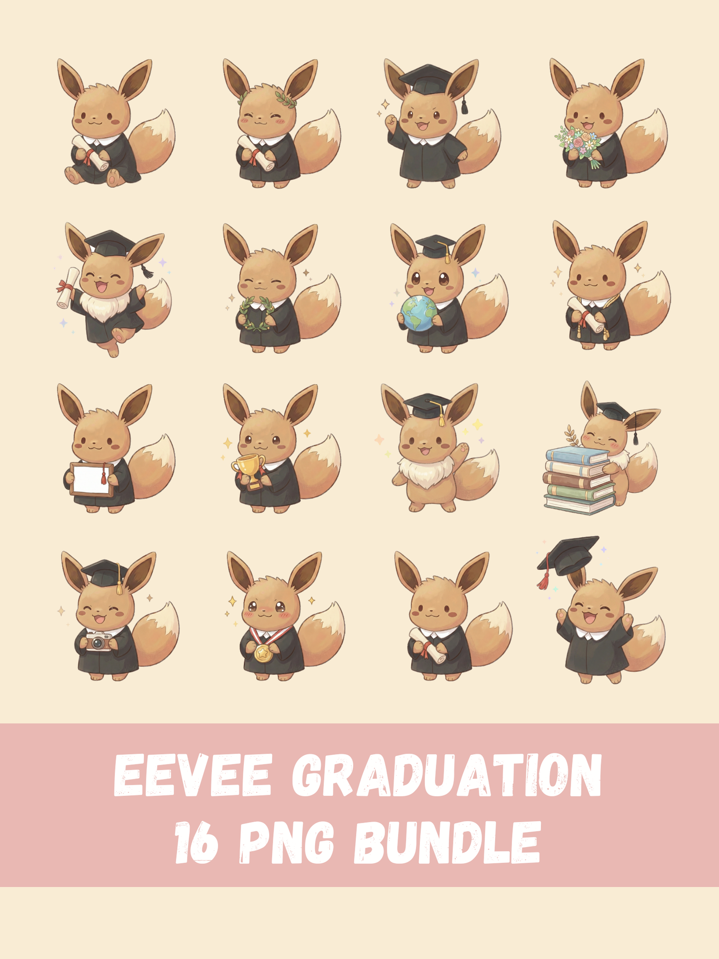 Eevee Graduation PNG Pack, 16 Graduation Eevee Designs, Chibi Cute Kawaii Clipart, Grad Cap Diploma, Anime PNG, Digital Download