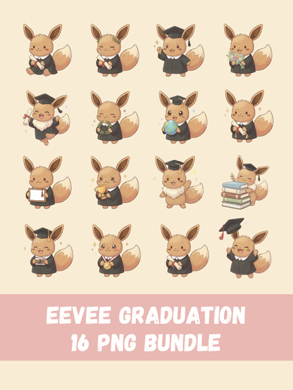 Eevee Graduation PNG Pack, 16 Graduation Eevee Designs, Chibi Cute Kawaii Clipart, Grad Cap Diploma, Anime PNG, Digital Download