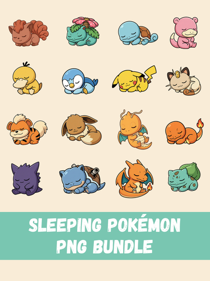 Sleeping Chibi Pokémon PNG Bundle, 16 Cute Kawaii Clipart Designs, Instant Digital Download, Sticker Sublimation Art
