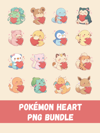 Pokémon Love PNG Pack, 18 Popular Pokémon, Chibi Cute Kawaii Clipart, Valentine Hearts, Anime PNG, Digital Download