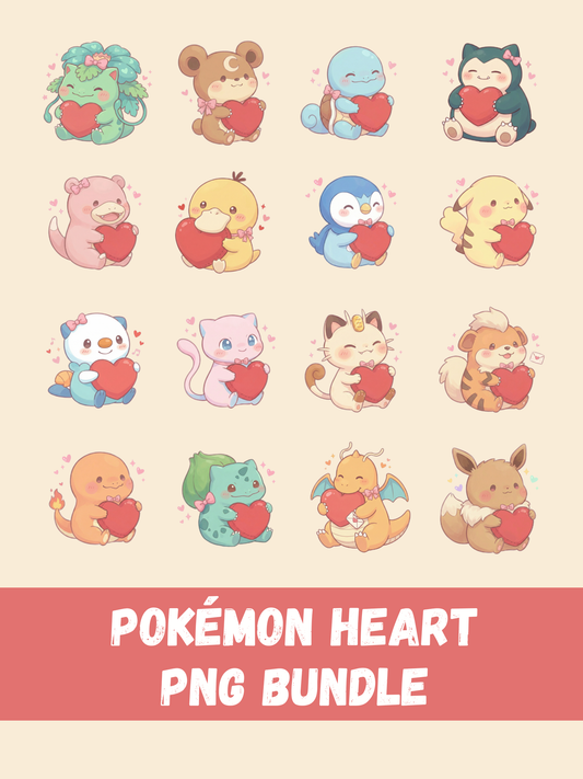 Pokémon Love PNG Pack, 18 Popular Pokémon, Chibi Cute Kawaii Clipart, Valentine Hearts, Anime PNG, Digital Download