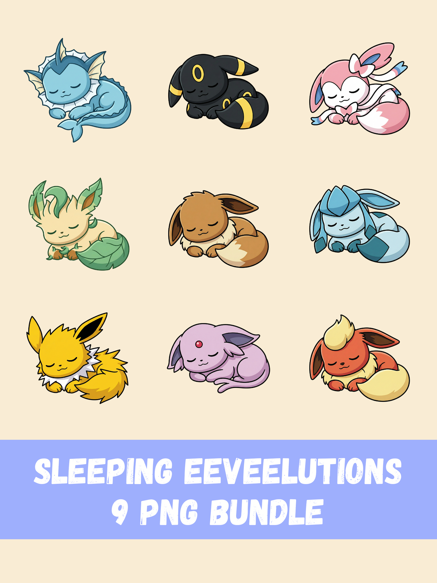 Sleeping Eeveelutions PNG Bundle, Chibi Kawaii Clipart, Eevee Evolutions PNG, Cute Anime Digital Download, Instant Sticker Sublimation Art