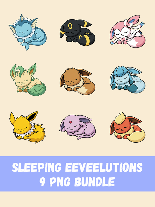 Sleeping Eeveelutions PNG Bundle, Chibi Kawaii Clipart, Eevee Evolutions PNG, Cute Anime Digital Download, Instant Sticker Sublimation Art
