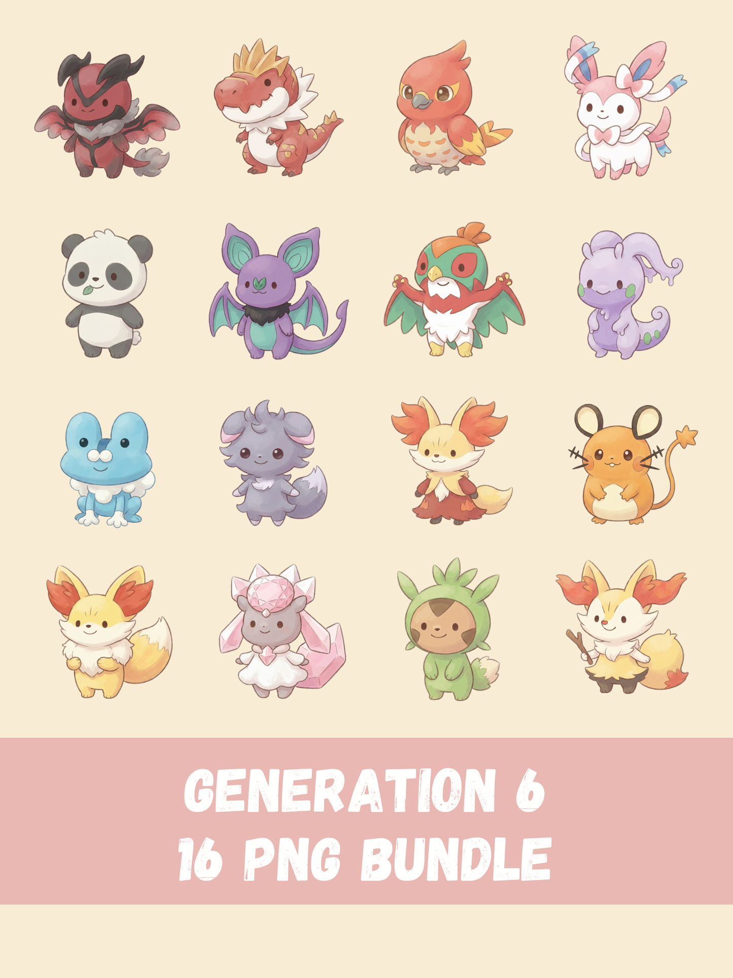 Popular Gen 6 Pokémon PNG Pack, 16 Fan Favorite Kalos Pokémon, Chibi Cute Kawaii Clipart, Anime PNG, Digital Download