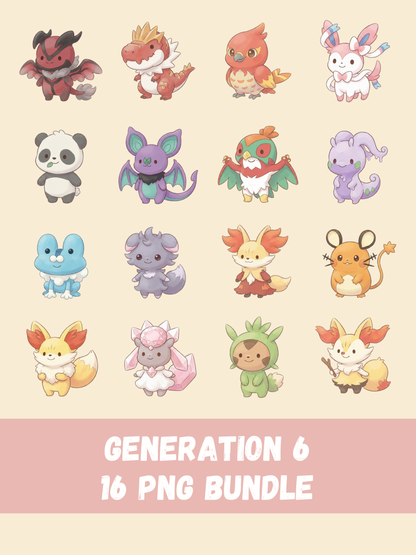 Popular Gen 6 Pokémon PNG Pack, 16 Fan Favorite Kalos Pokémon, Chibi Cute Kawaii Clipart, Anime PNG, Digital Download