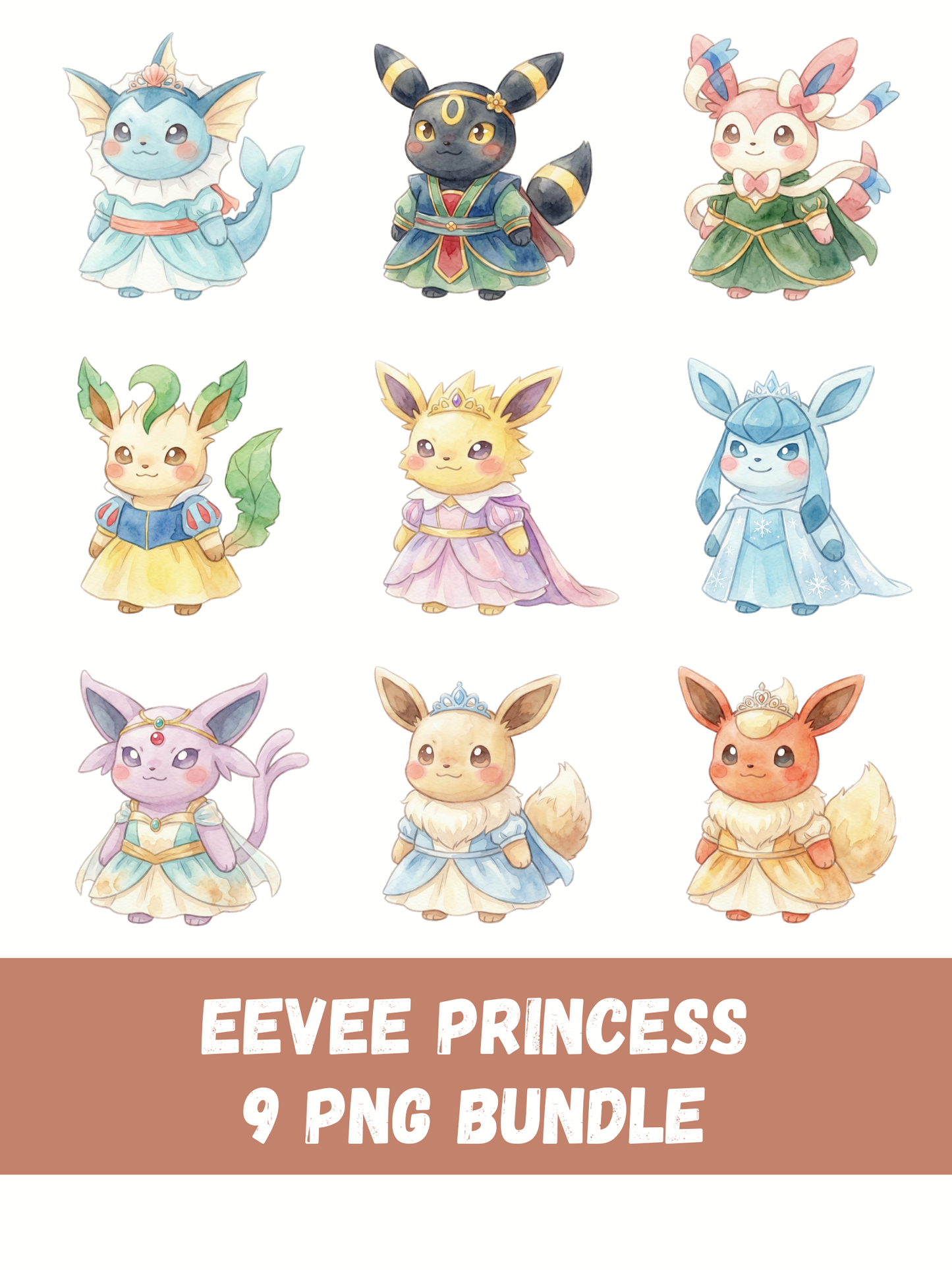 Eeveelutions Princess Costumes PNG Pack, 9 Eevee Evolutions, Chibi Kawaii Clipart, Fairytale Outfits, Digital Download