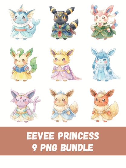 Eeveelutions Princess Costumes PNG Pack, 9 Eevee Evolutions, Chibi Kawaii Clipart, Fairytale Outfits, Digital Download