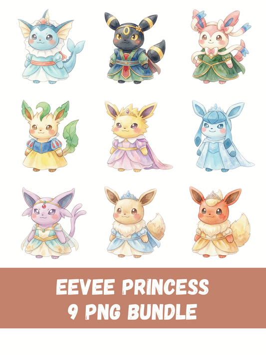 Eeveelutions Princess Costumes PNG Pack, 9 Eevee Evolutions, Chibi Kawaii Clipart, Fairytale Outfits, Digital Download