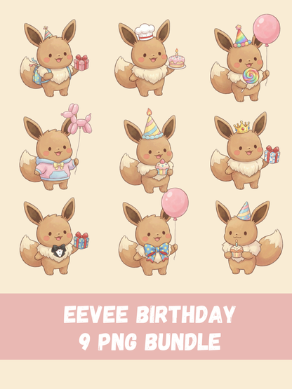 Eevee Birthday PNG Pack, 9 Birthday Eevee Designs, Chibi Cute Kawaii Clipart, Party Hat And Number Props, Anime PNG, Digital Download